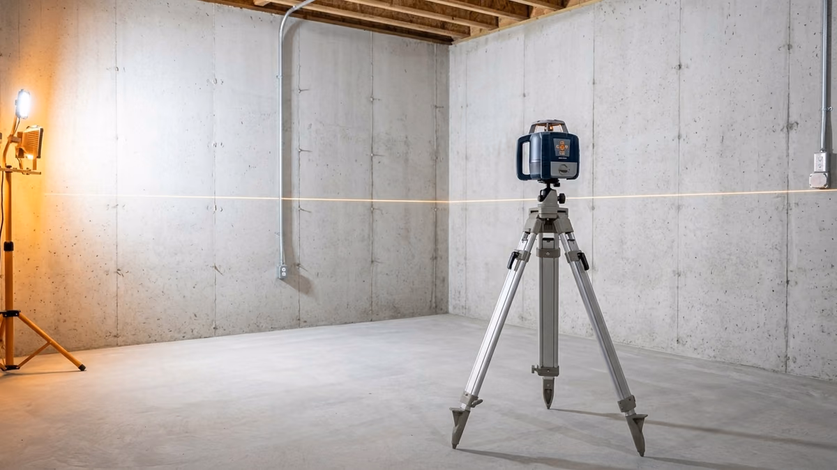 Laser level on a tripod set up in a clean empty basement casting a level line across the wall