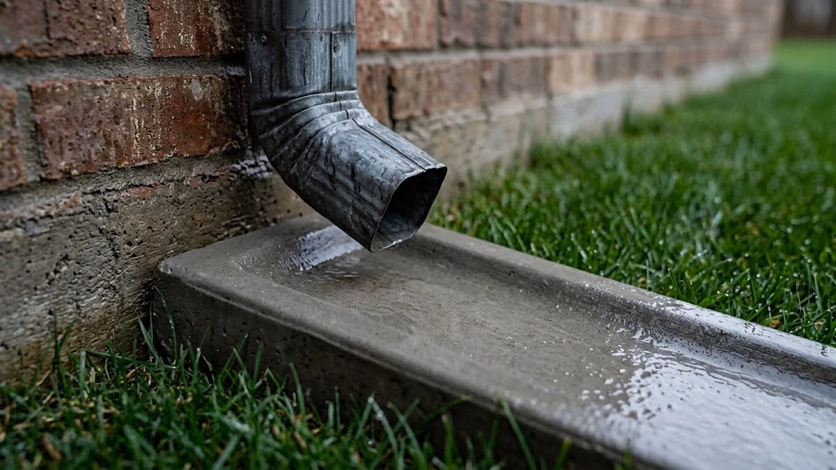 Downspout and splash block beside a foundation line in rain-washed light
