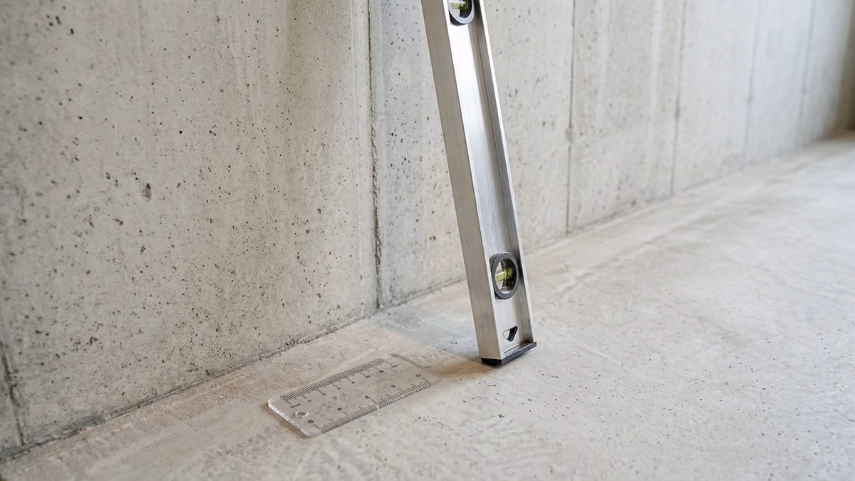 Long spirit level and crack gauge staged against a clean basement wall under bright work light