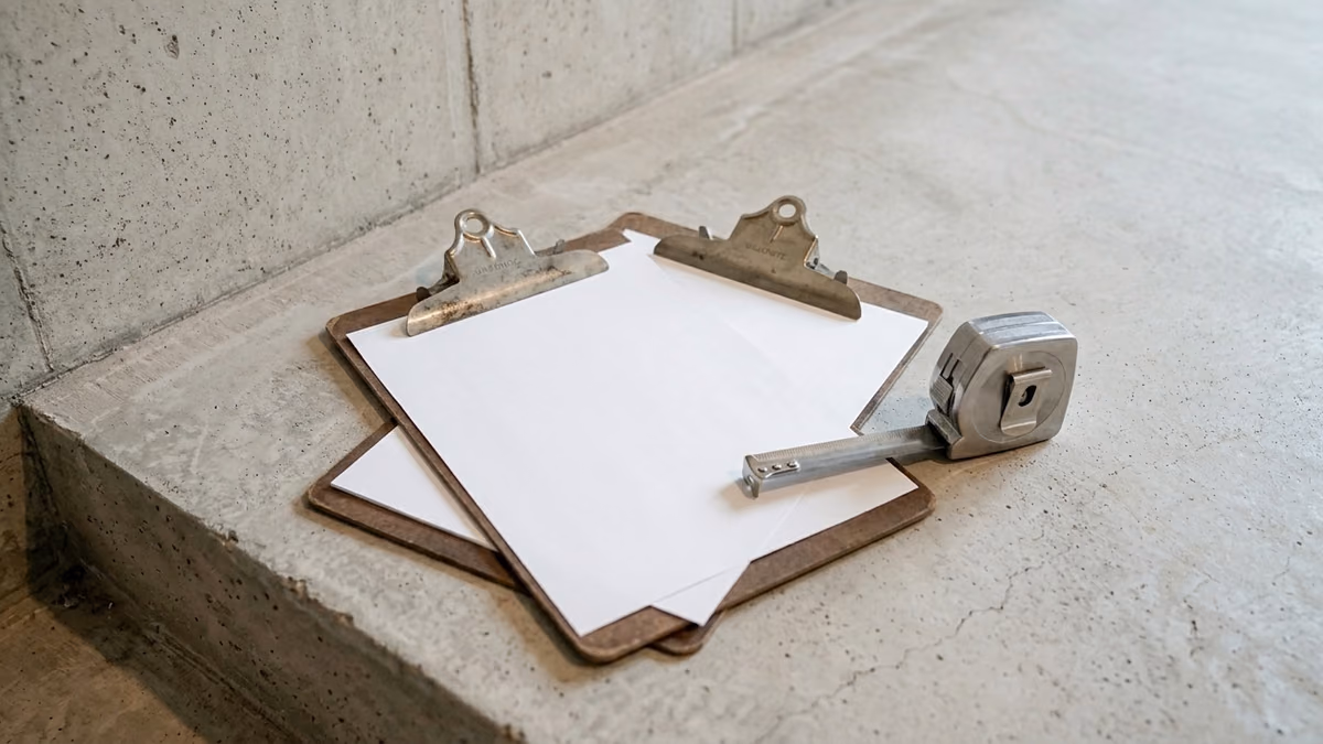 Blank clipboard and steel tape measure staged on a clean concrete slab beside a foundation wall