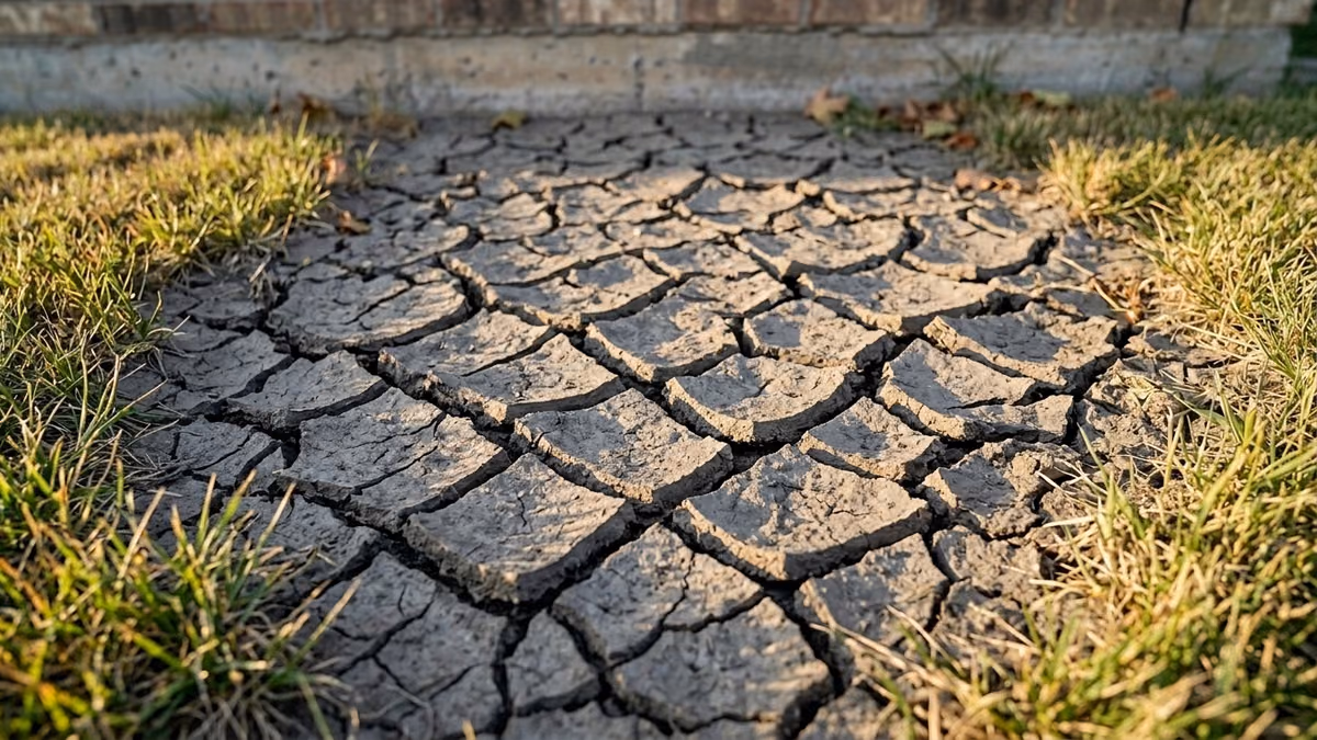 Cracked, drought-dried Kansas clay soil in a bare patch of lawn near a home's foundation line