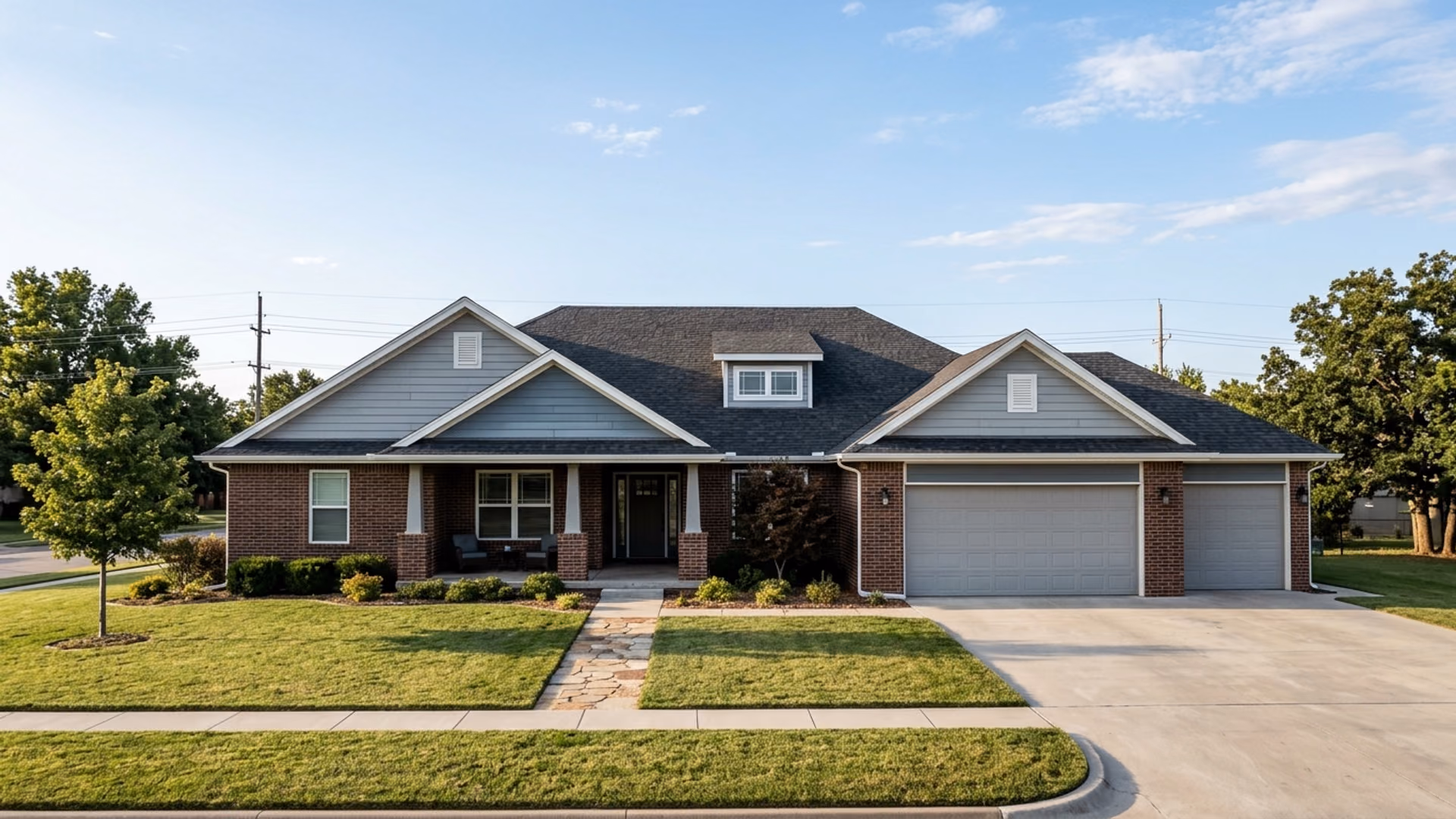 Solid brick ranch home sitting square and level on its foundation under a big Kansas prairie sky