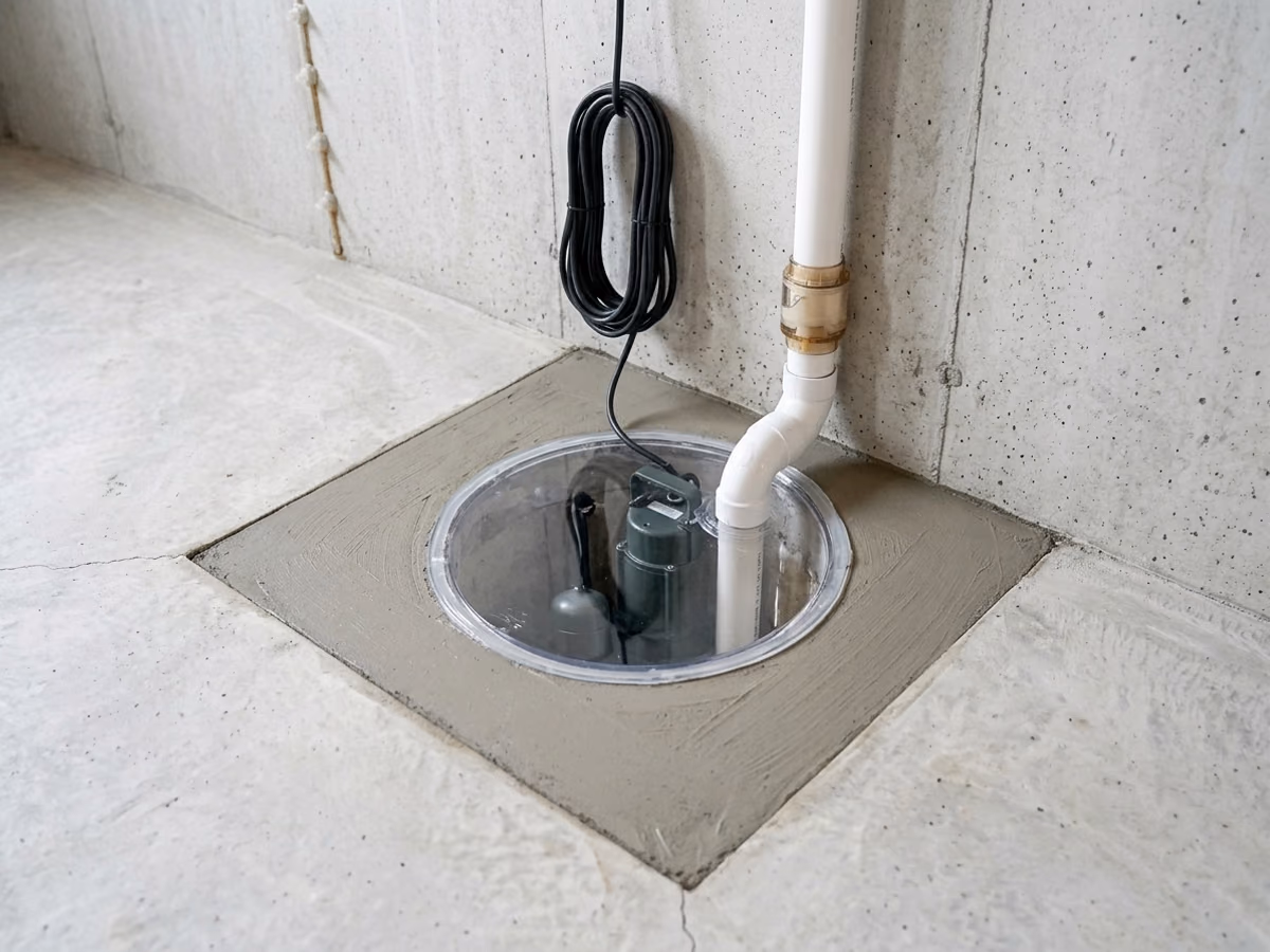 New sump basin and pump neatly installed in the corner of a bright basement floor