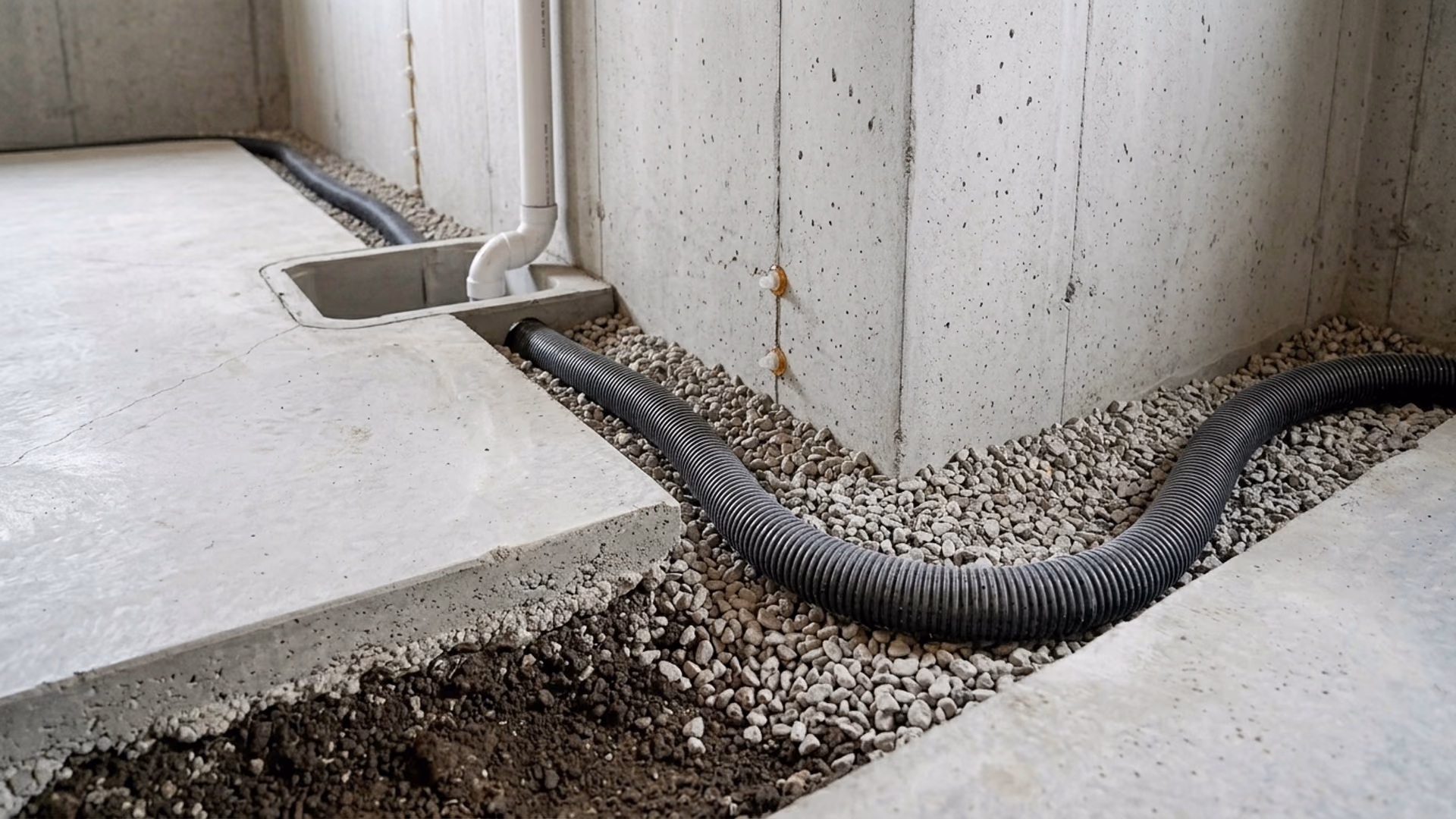 Interior perimeter drain trench freshly cut along a clean basement wall with gravel and drain tile placed