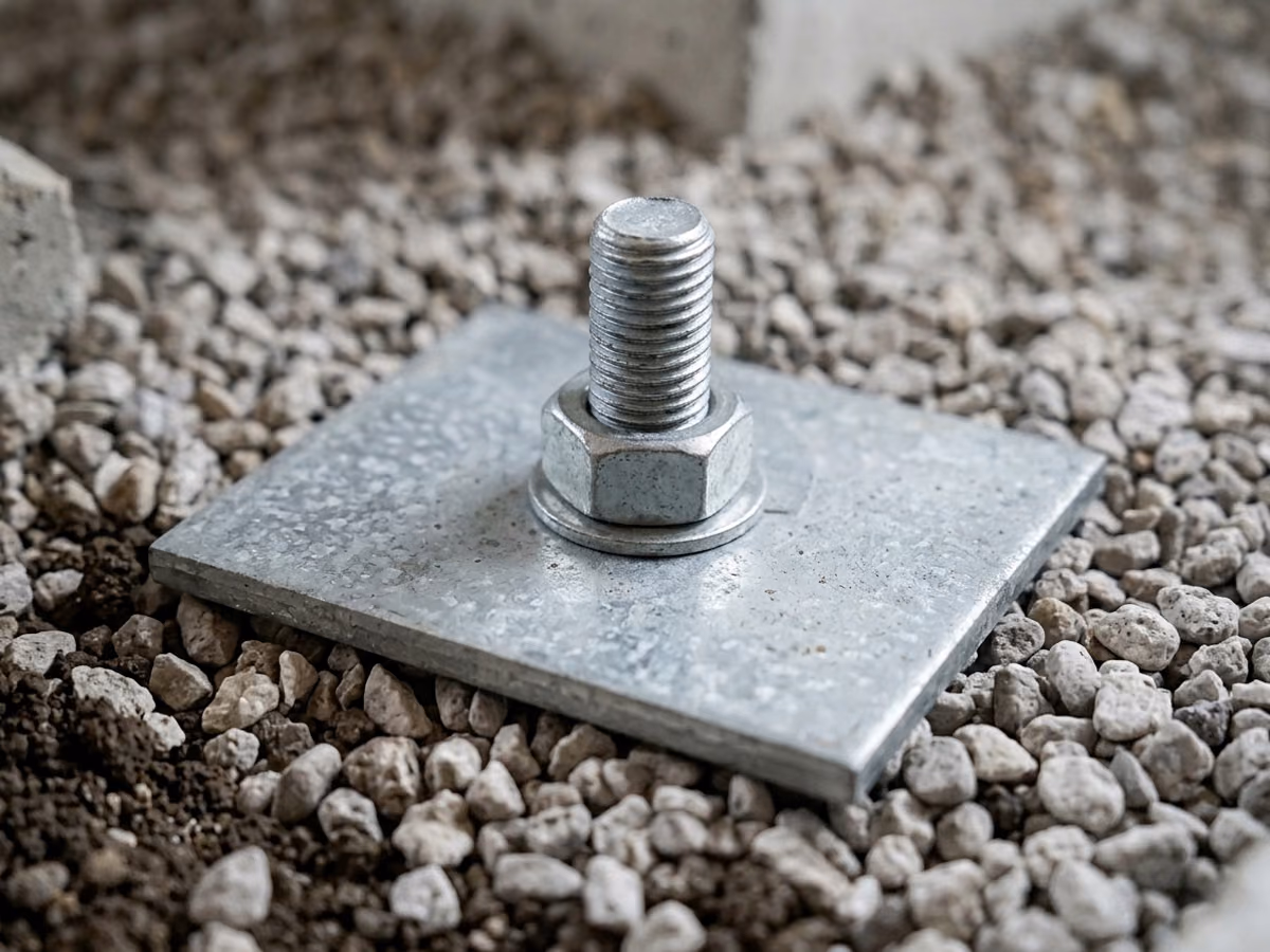 Steel wall-anchor plate and threaded rod hardware staged on gravel before installation
