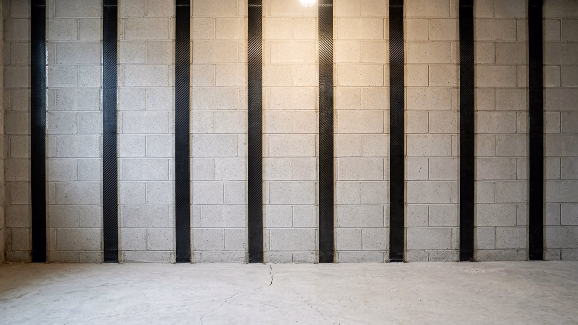 Evenly spaced carbon fiber straps bonded to a block basement wall in a bright, orderly basement