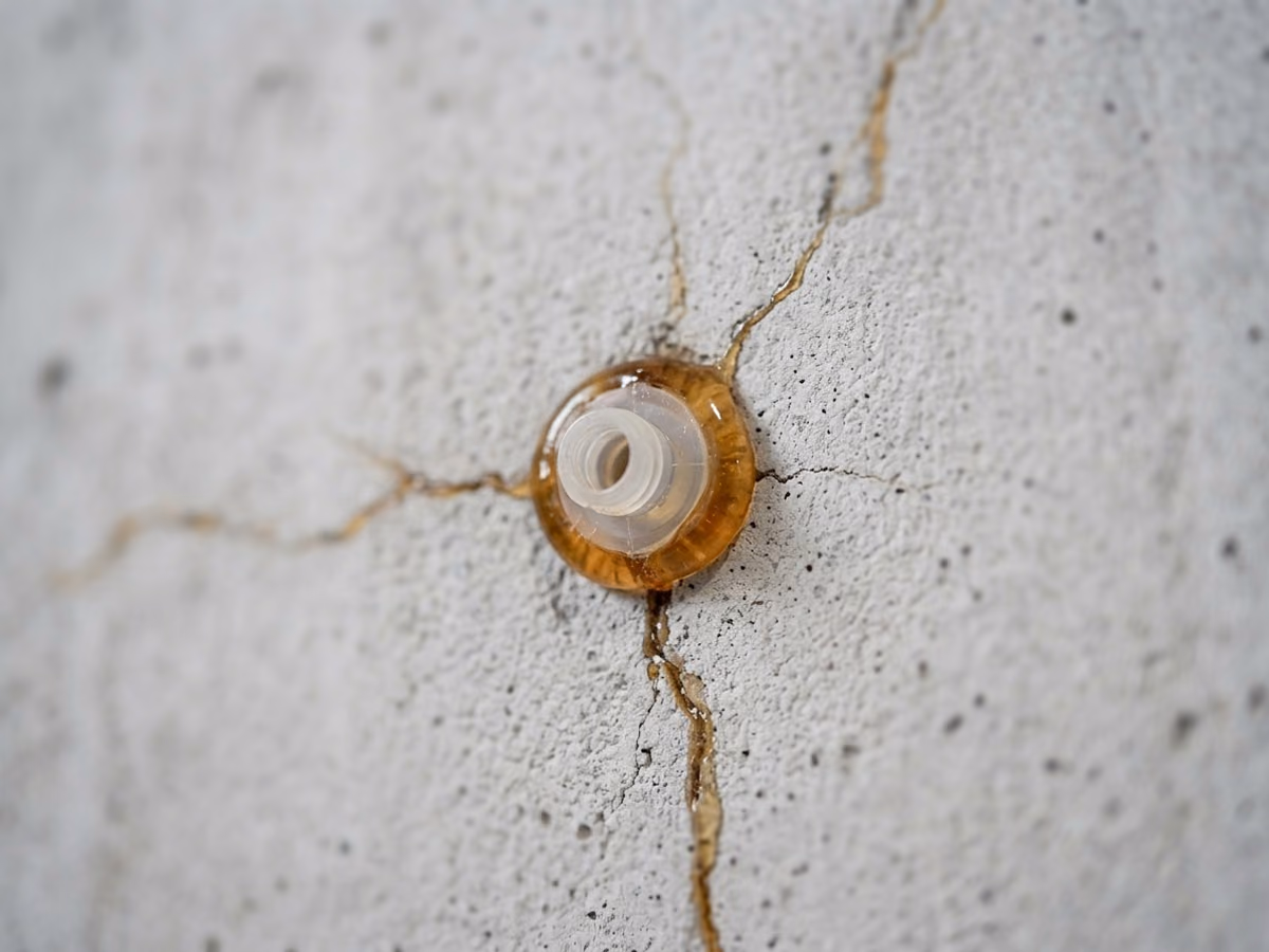 Single epoxy injection port with cured amber resin against gray concrete, texture filling the frame