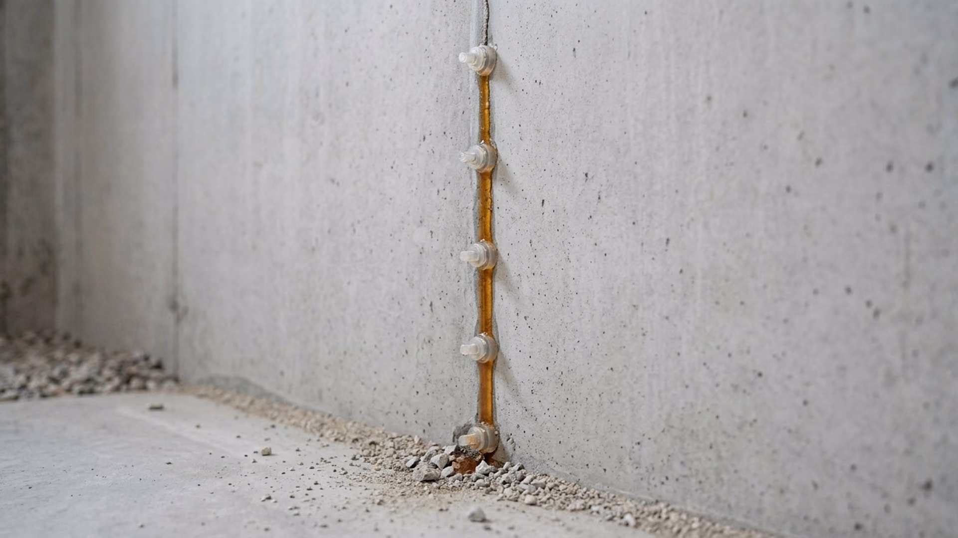 Hairline basement wall crack neatly filled with epoxy injection, ports in a tidy vertical line