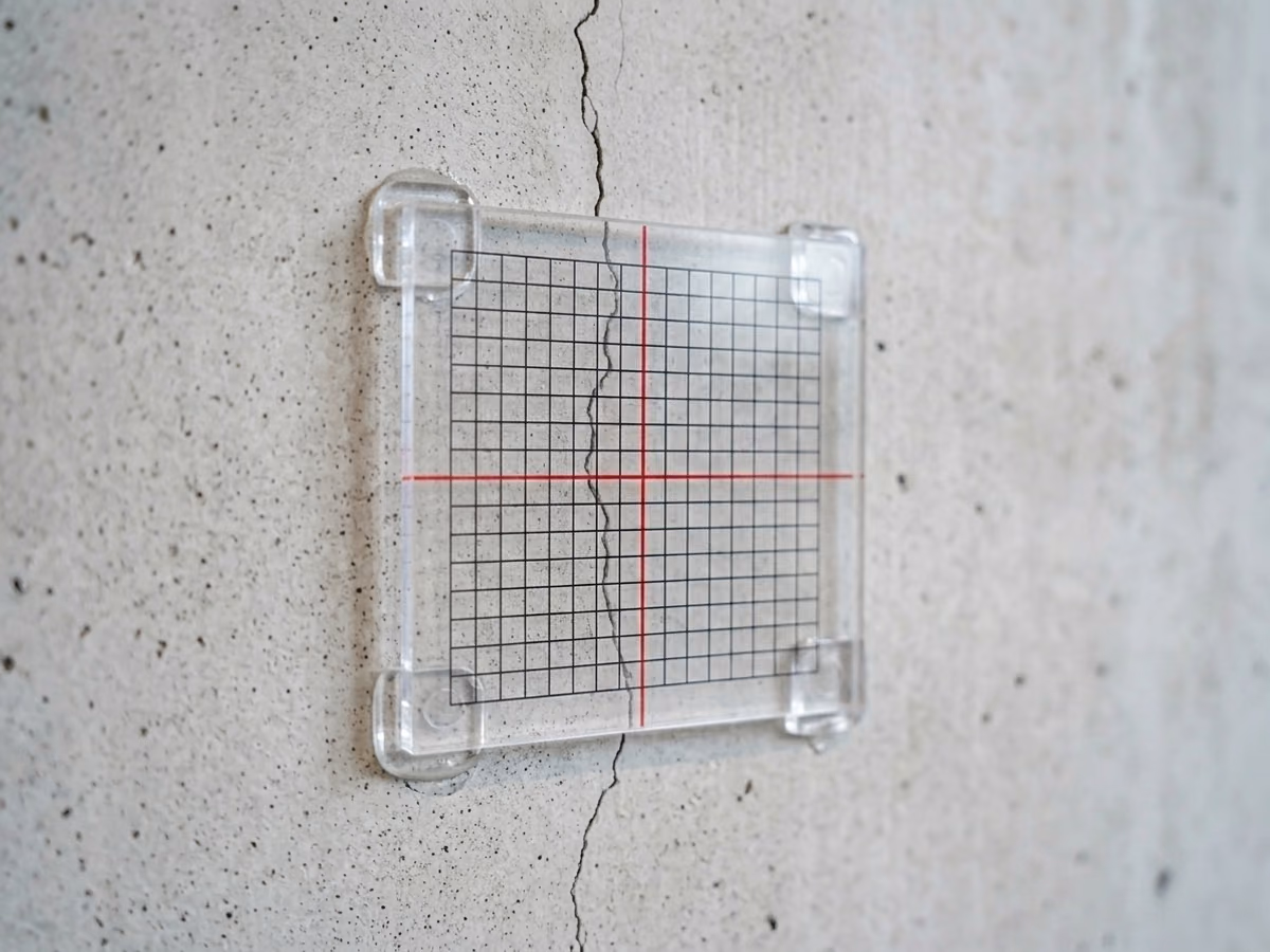 Crack monitoring gauge mounted across a fine wall crack, calibration crosshairs centered