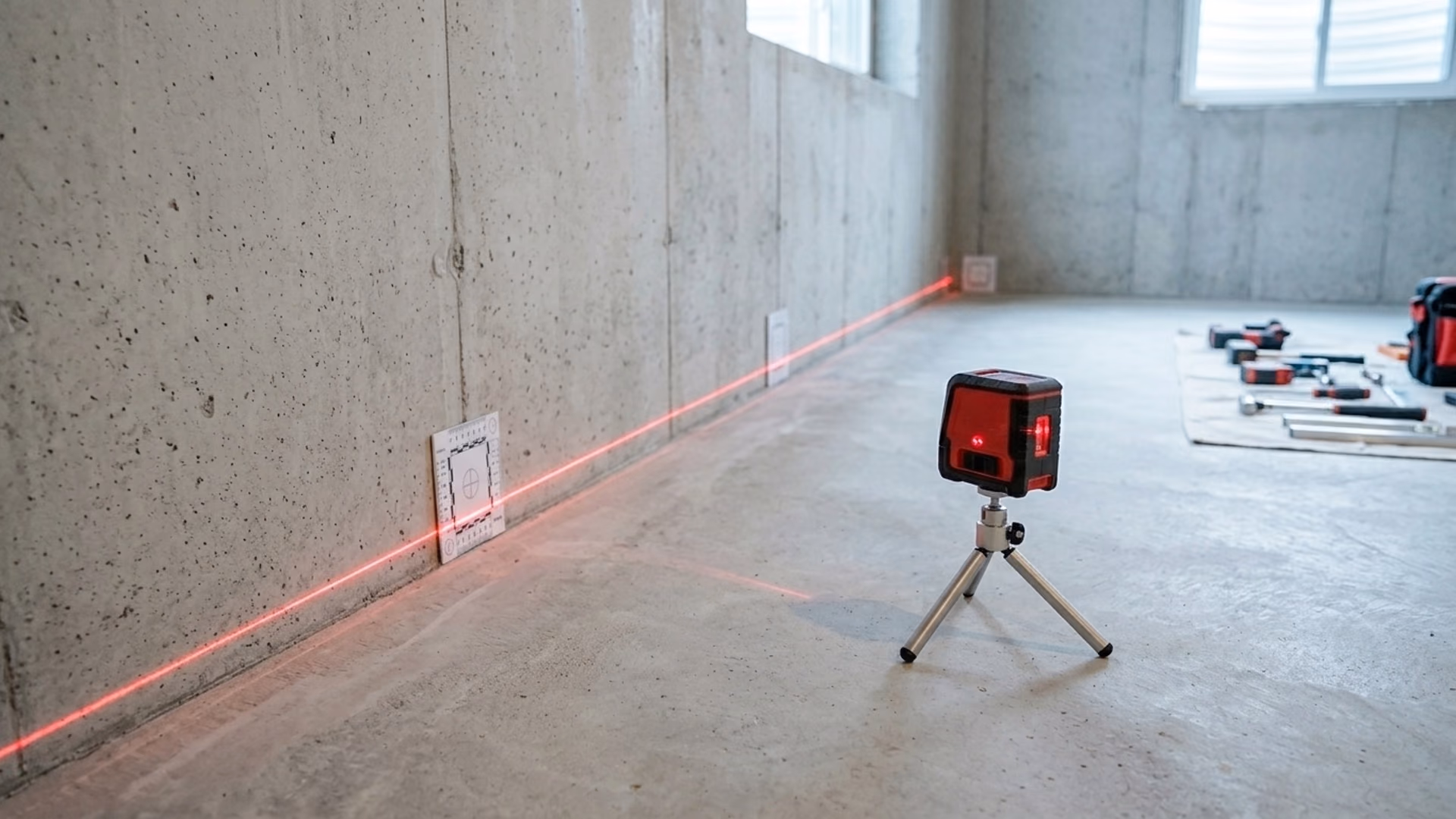 Thin laser level line crossing a poured concrete basement wall in a bright, orderly basement