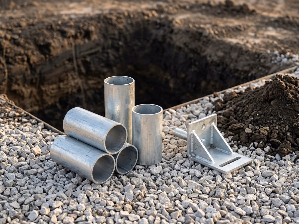 Close detail of galvanized steel pier tube sections and bracket hardware staged on gravel