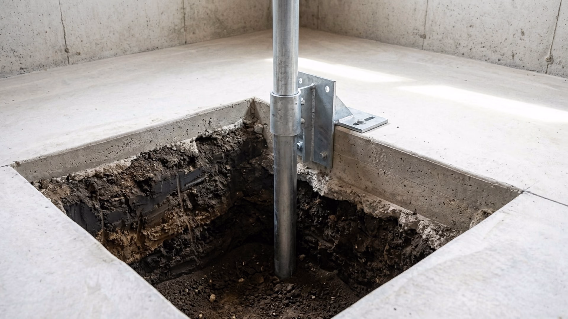 Galvanized steel pier bracket seated at a home's footing inside a clean excavation pit
