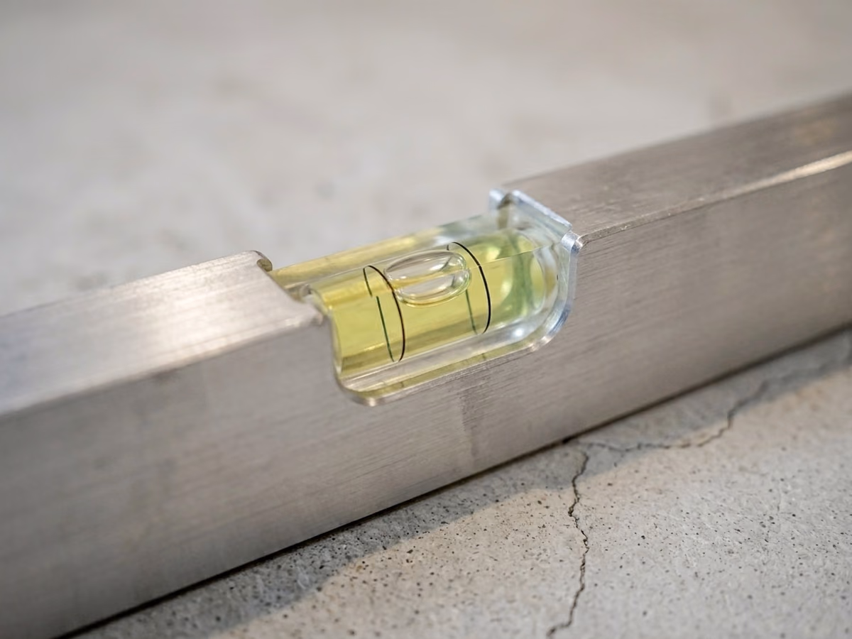 Bubble vial of a long spirit level reading true against a concrete slab surface