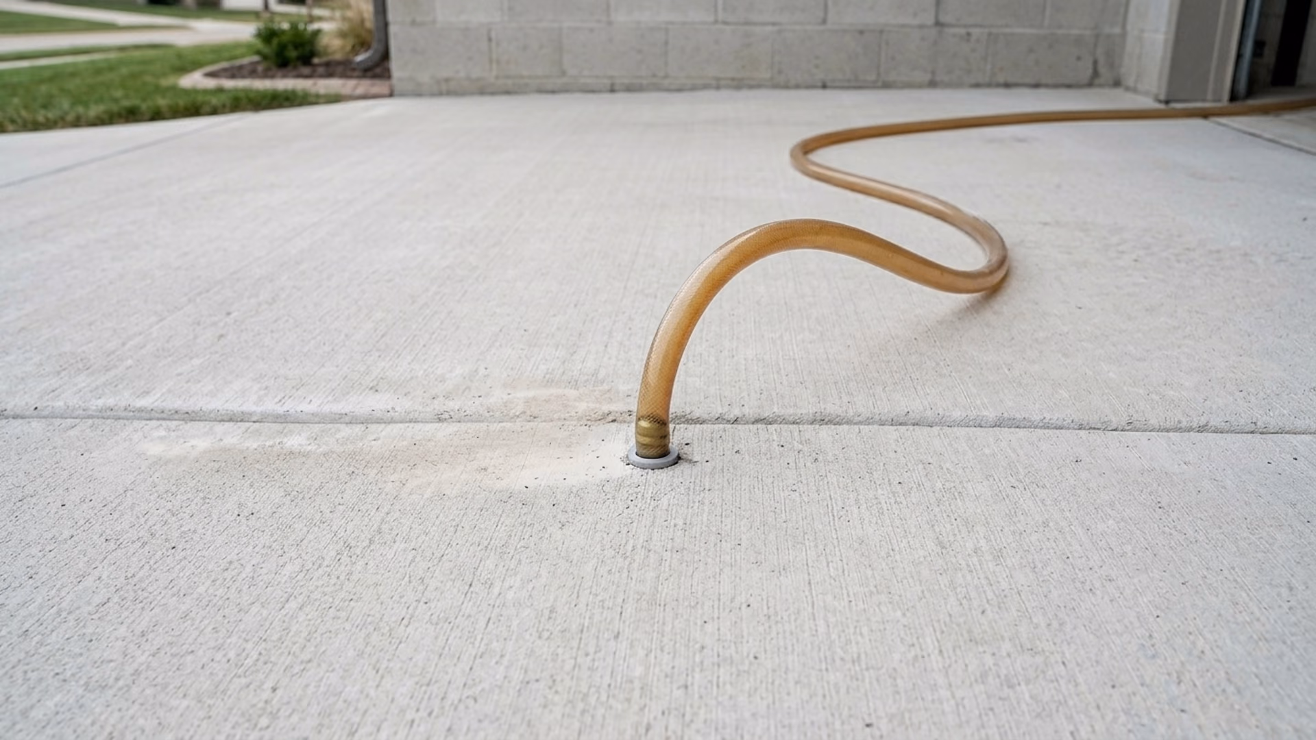 Polyurethane foam rig hose and injection port at a drilled hole in a concrete slab, surface clean and lightly dusted